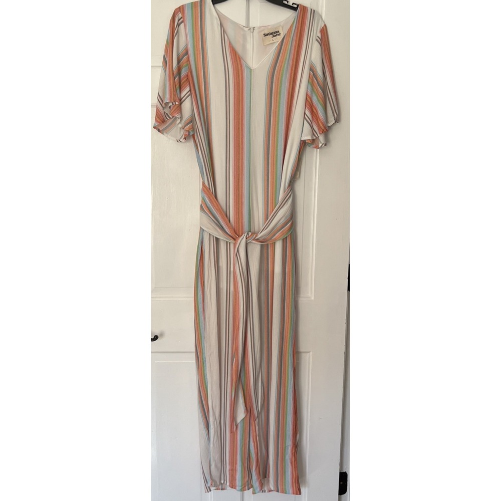 NEW Savanna Jane L Striped Relaxed Long Jumpsuit Playsuit Belted Top Lined
